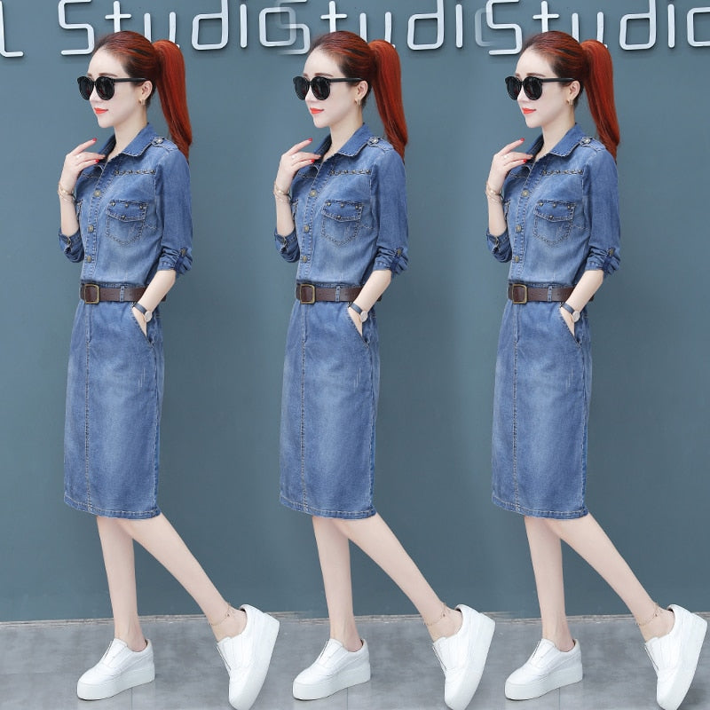 Primavera e autunno Denim blu Rivet Knee-Length party dress donne omighty camicia bodycon club dress