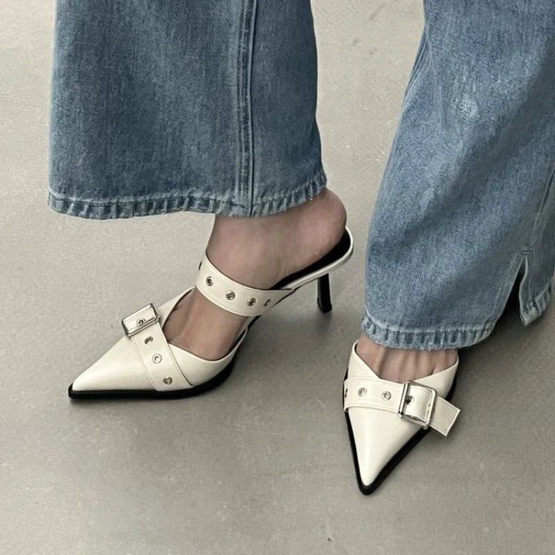 Punk Goth Metal Buckle High Heels Women's Sandals Summer Pointed Toe Silver Party Shoes Fashion Womens Pumps Shoes Tacones
