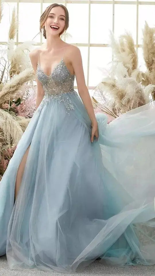 Sexy Prom Dresses with Slit Gorgeous Crystal Beads Backless V Neck Spaghetti Straps Formal Evening Gown