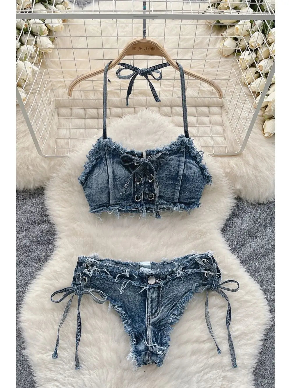 Women's Bikinis Set Summer Sexy Denim Strap Bra Vest and Low Waist Shorts Bathing Suit Swimsuit Swimwear Blue