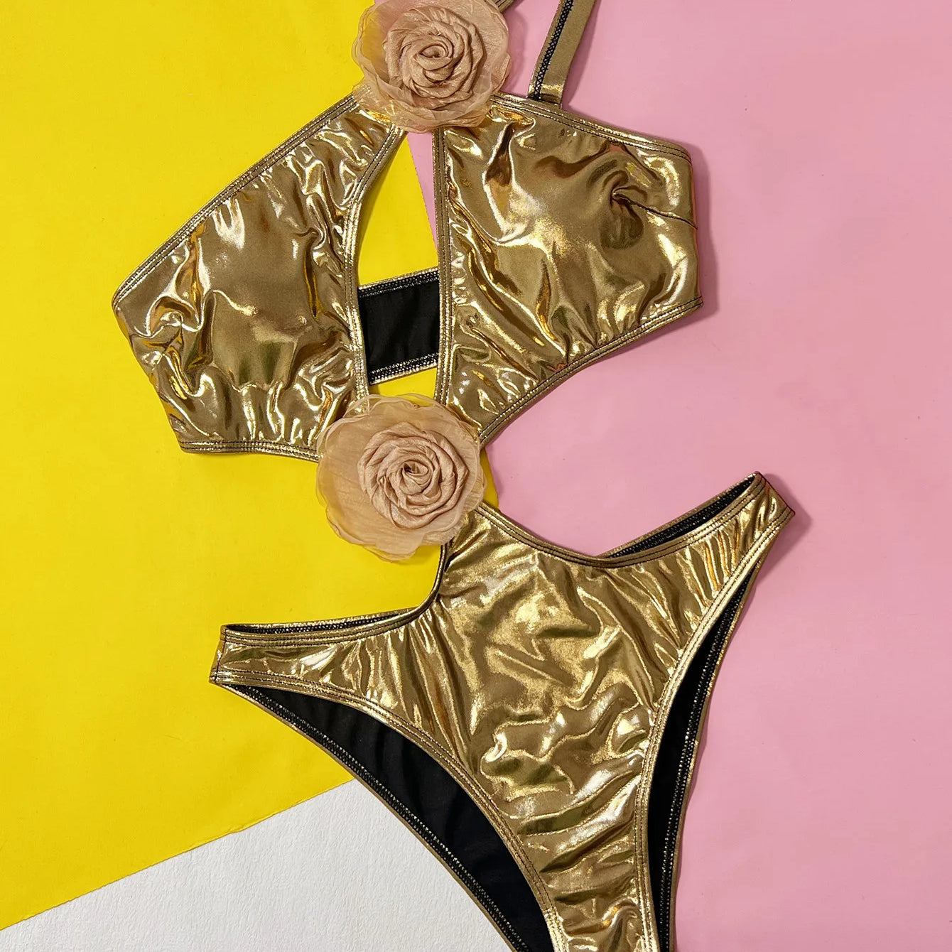 sexy gold metallic hollow one shoulder swimsuit one piece bikinis bodysuits thong swimsuit swimwear bathing suit biquini Gold