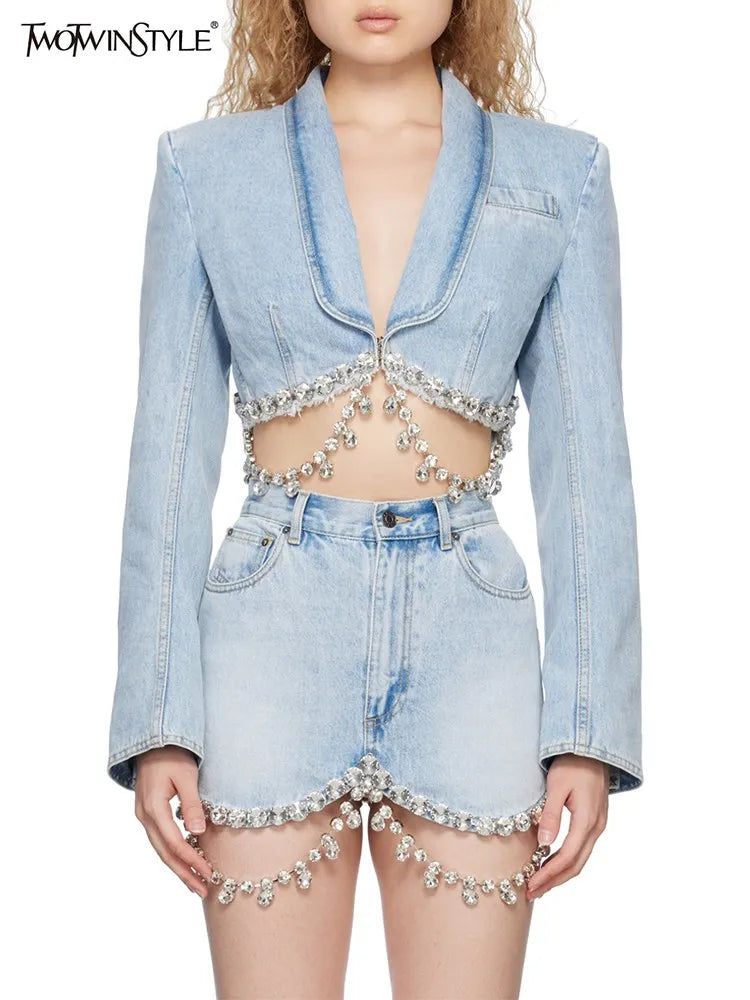 TWOTWINSTYLE Spliced Diamonds Tassel Denim Two Piece Set For Women Lapel Long Sleeve Coat High Waist Mini Skirt Fashion Set 2023