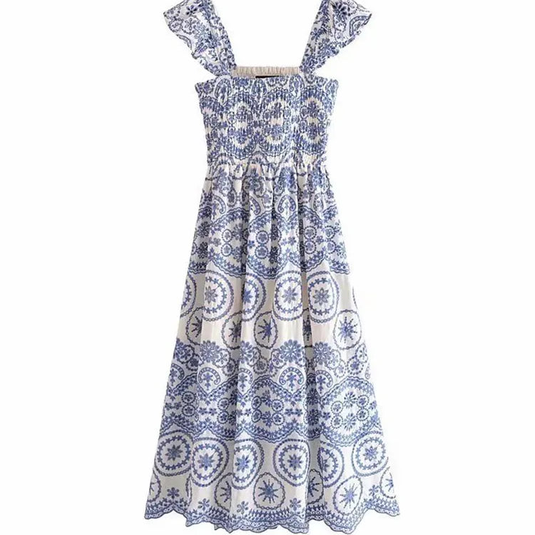 TRAF Women Fashion Cutwork Embroidery Smocked Midi Dress Vintage Backless Ruffled Straps Female Dresses Vestidos Mujer as picture