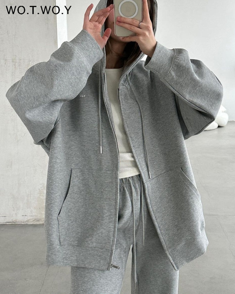 WOTWOY Causal Fleece Hooded Sweatshirts and Pants 2 Piece Sets Womens Outfits Autumn Winter Sweatpants Female Grey Pullovers