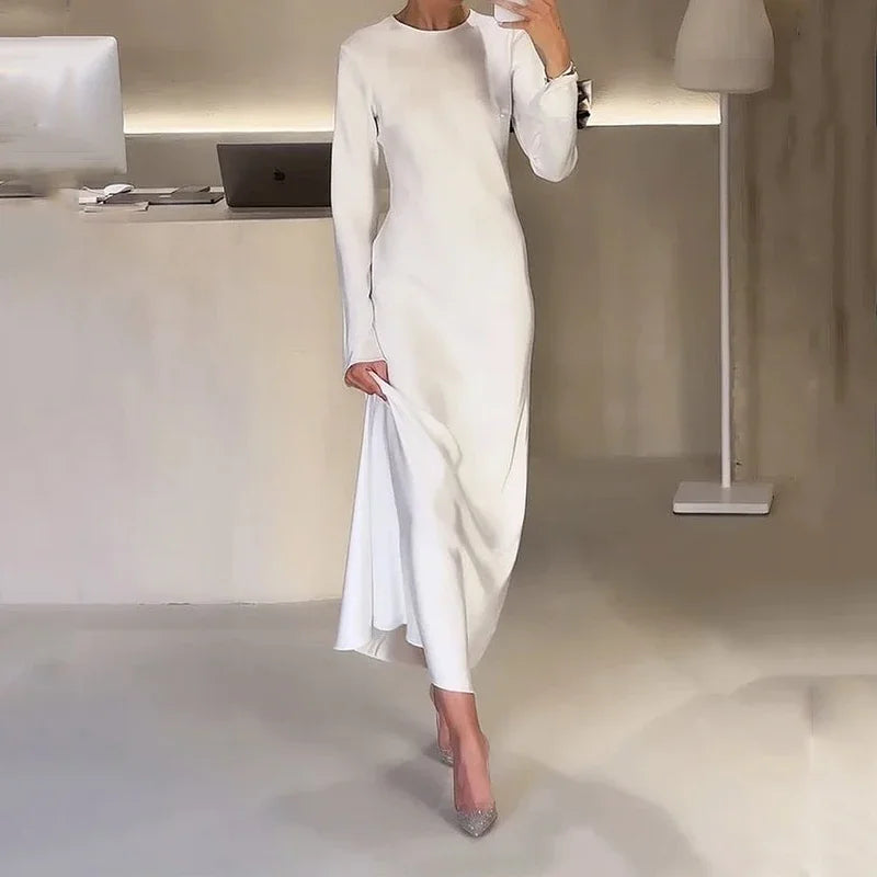 Women Maxi Dress Autumn Elegant Solid Round Neck Loose Satin White Party Long Dresses High Streetwear For Female