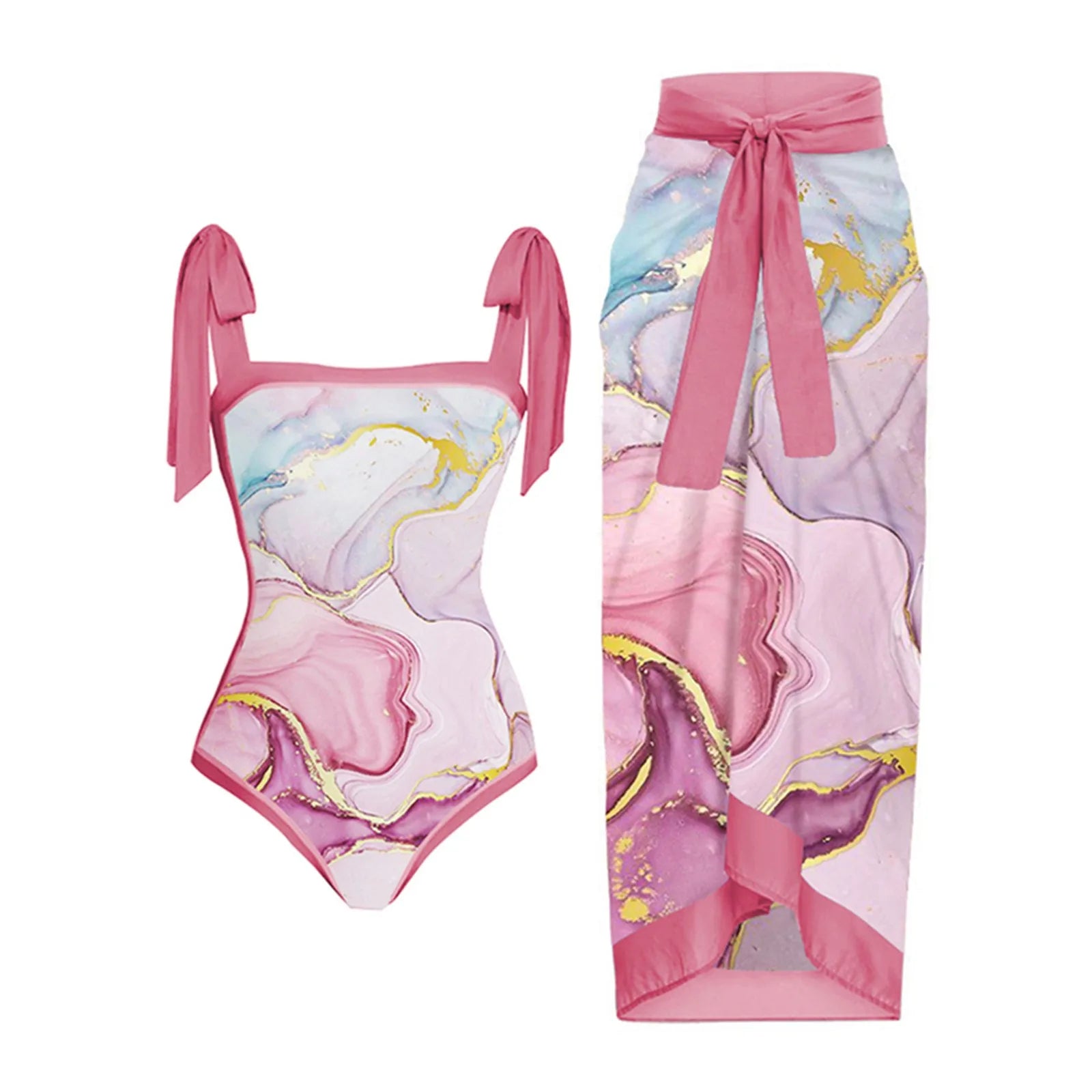 Women Vintage Colorblock Abstract Floral Print 1 Piece Swimwear+1 Piece Cover UP Two Micro Bikinis Summer Outing Pink