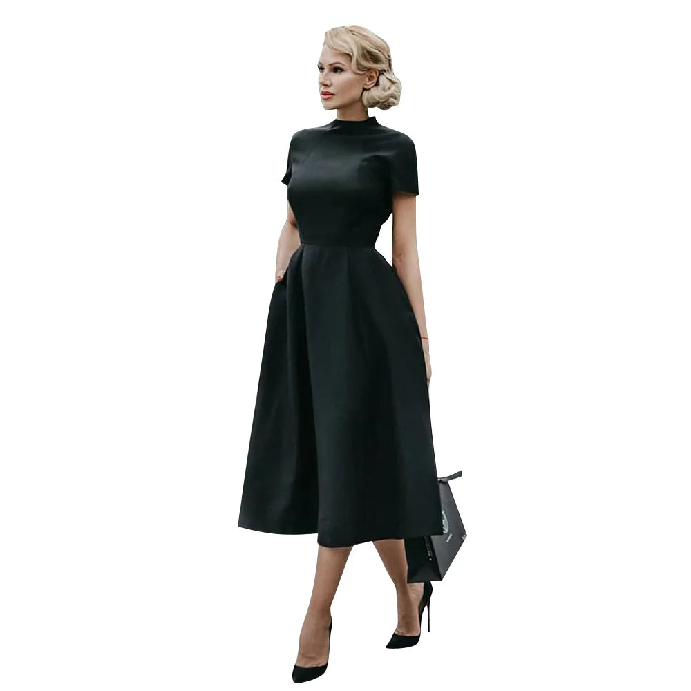 Women Elegant Black Dress Half High Collar High Waist A-Line Dresses Slim Fit Dress Office Lady Female Solid Vestidos
