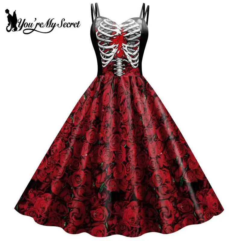 Fancy Skeleton Halloween Women Dress Girl Carnival Party Dresses Female Goth Horror Costume Rockabilly Dress