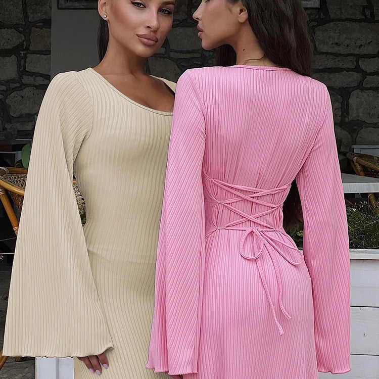 Solid Ribbed Trumpet Sleeves Maxi Dress Back Lace-Up Straps Elegant Casual 2023 Autumn Winter For Women Birthday