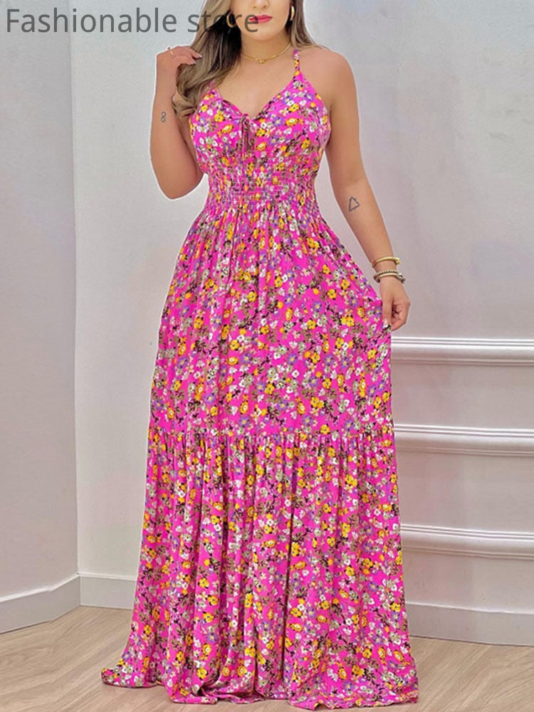 Women Summer Print Spaghetti Strap Big Swing Dress Pink