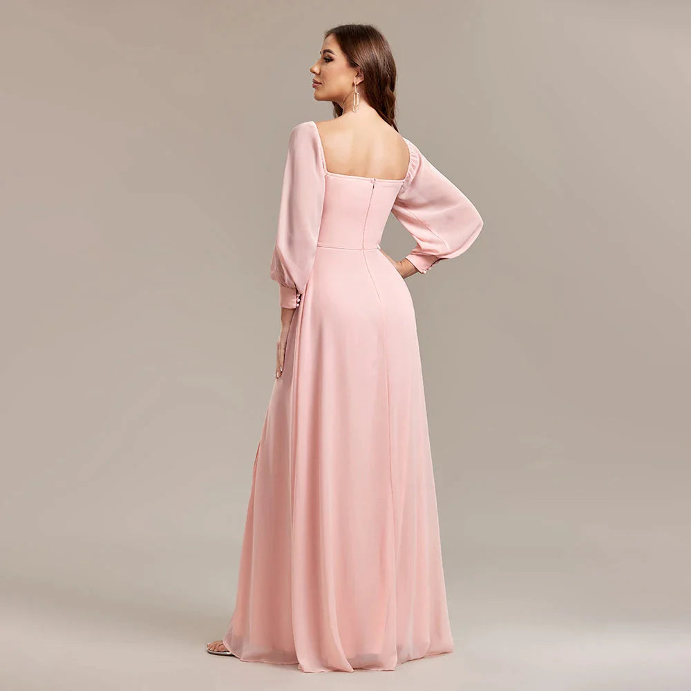 Women Strapless Pink Long Sleeved Bridesmaid Dresses Chiffon Free Wear Square Neck Party Gown Elegant Party Dress For Wedding