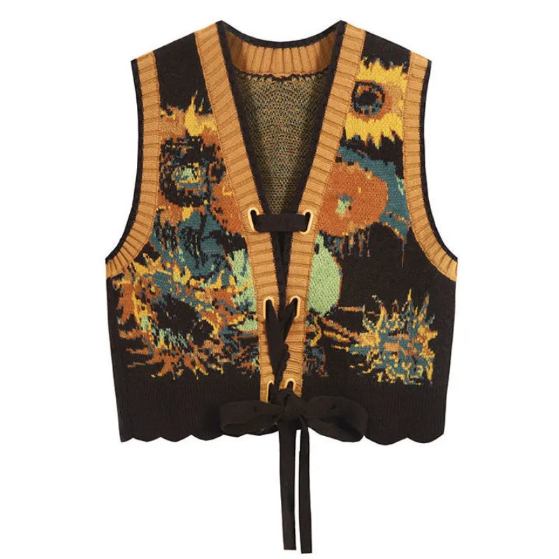 Vintage Sweater Vests Women Harajuku Print Sleeveless Knitted Waistcoat Streetwear Korean Cropped Bandage Knitwear Tank Top New Picture 1