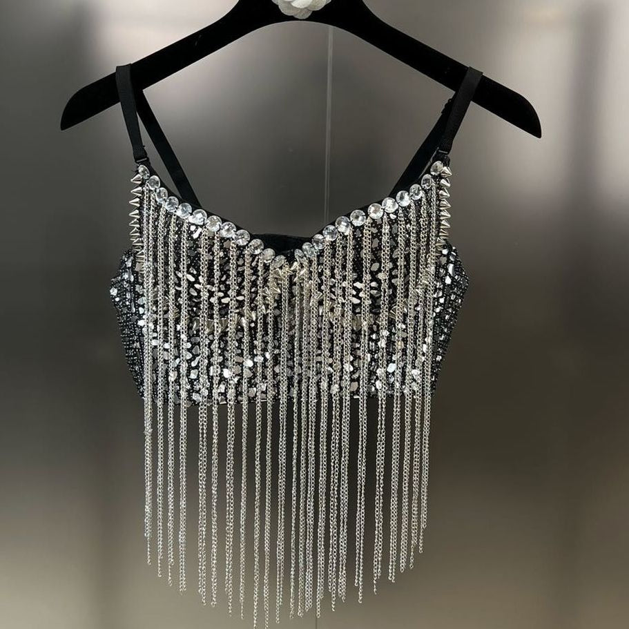 Sexy Trend Sequin Metal Chain Tassel Sling Women&#39;s Shiny Personality Rivet Design Slim Camisole Female 2024 Summer