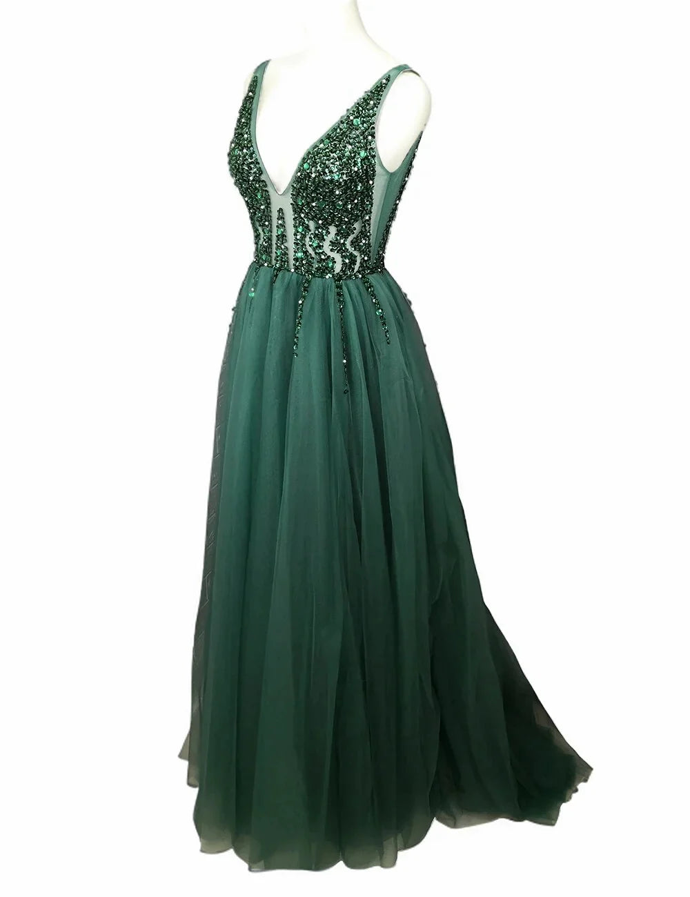 Sexy V Neck Evening Dresses for Women Green Crystal Beaded Beads Backless Prom Formal Gown