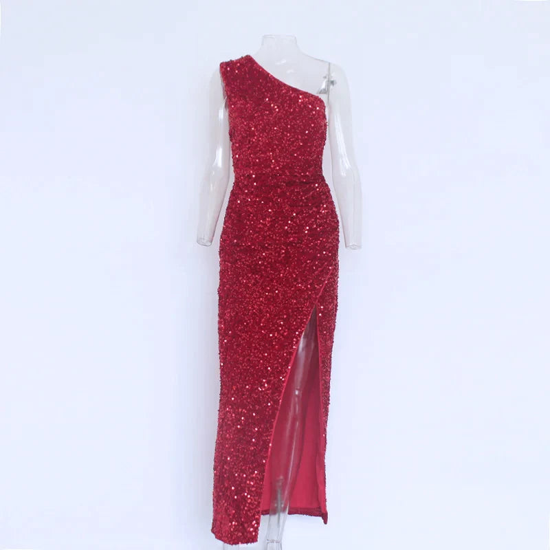 Party Dresses For Women Sexy Sequin Night Robe One Shoulder Sleeveless Bodycon Evening Maxi Dress Clothing