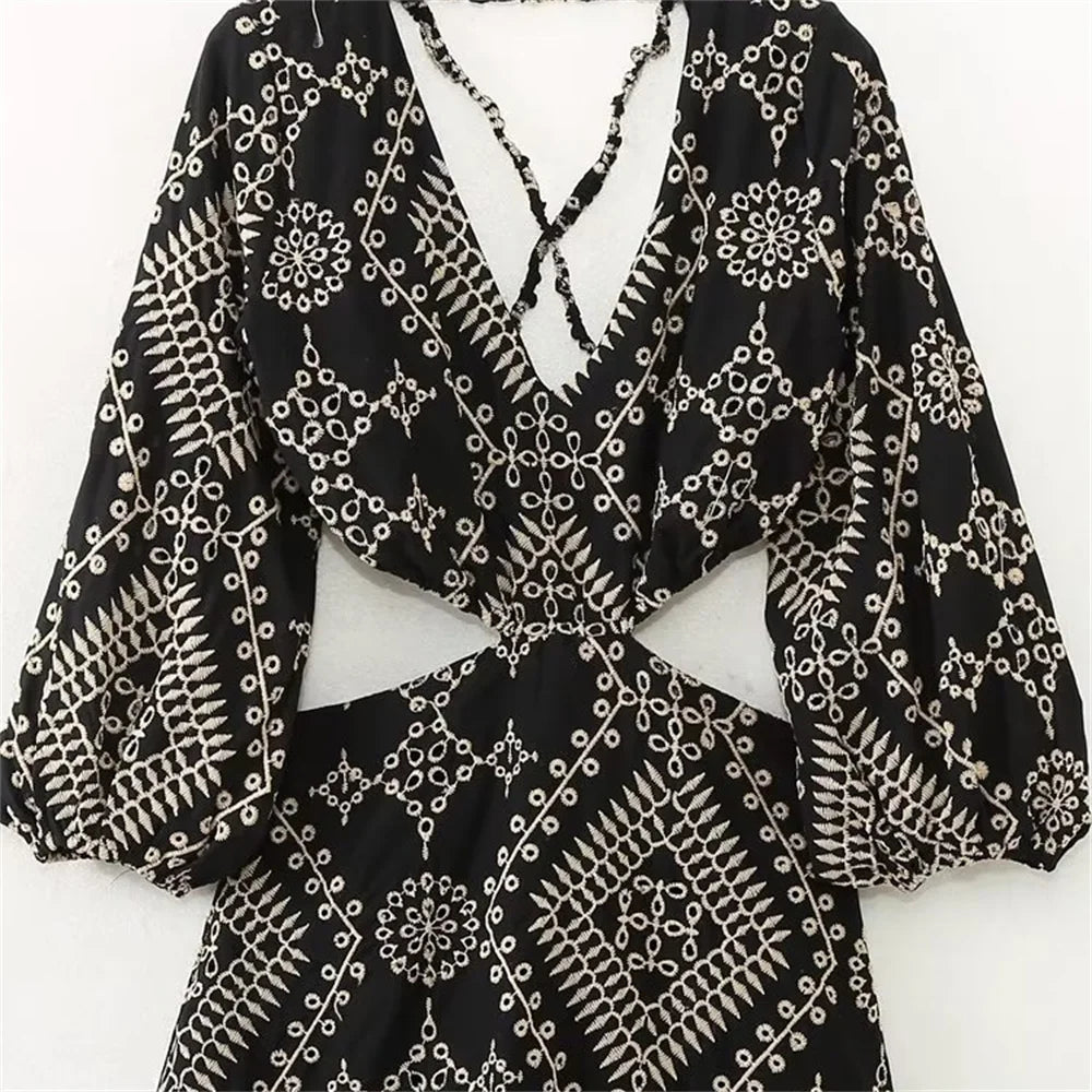 UNIZERA 2023 Summer New Women's V-neck Fluffy Sleeve Open Design Sexy Backless Long Dress Embroidered Midi Dress