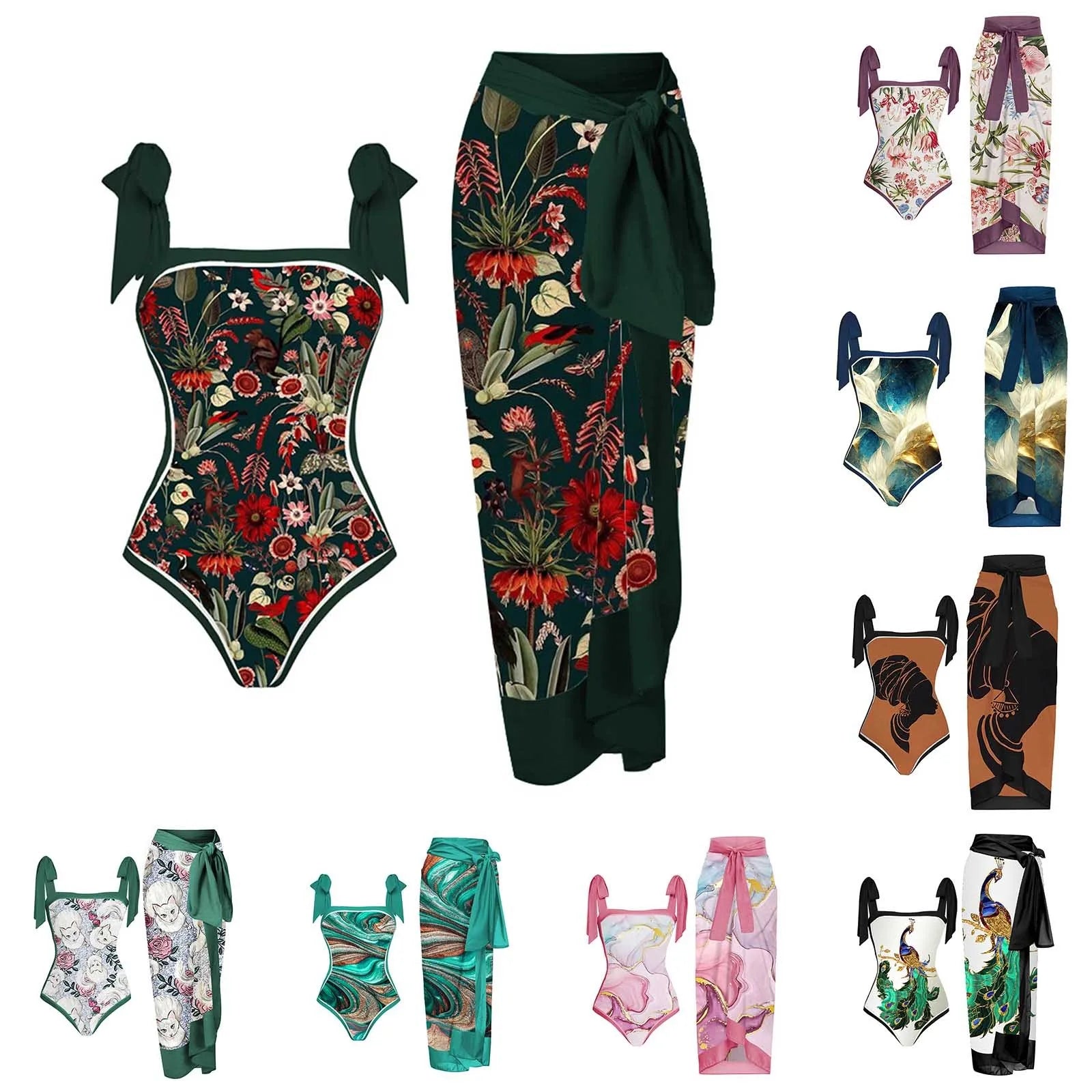 Women Vintage Colorblock Abstract Floral Print 1 Piece Swimwear+1 Piece Cover UP Two Micro Bikinis Summer Outing