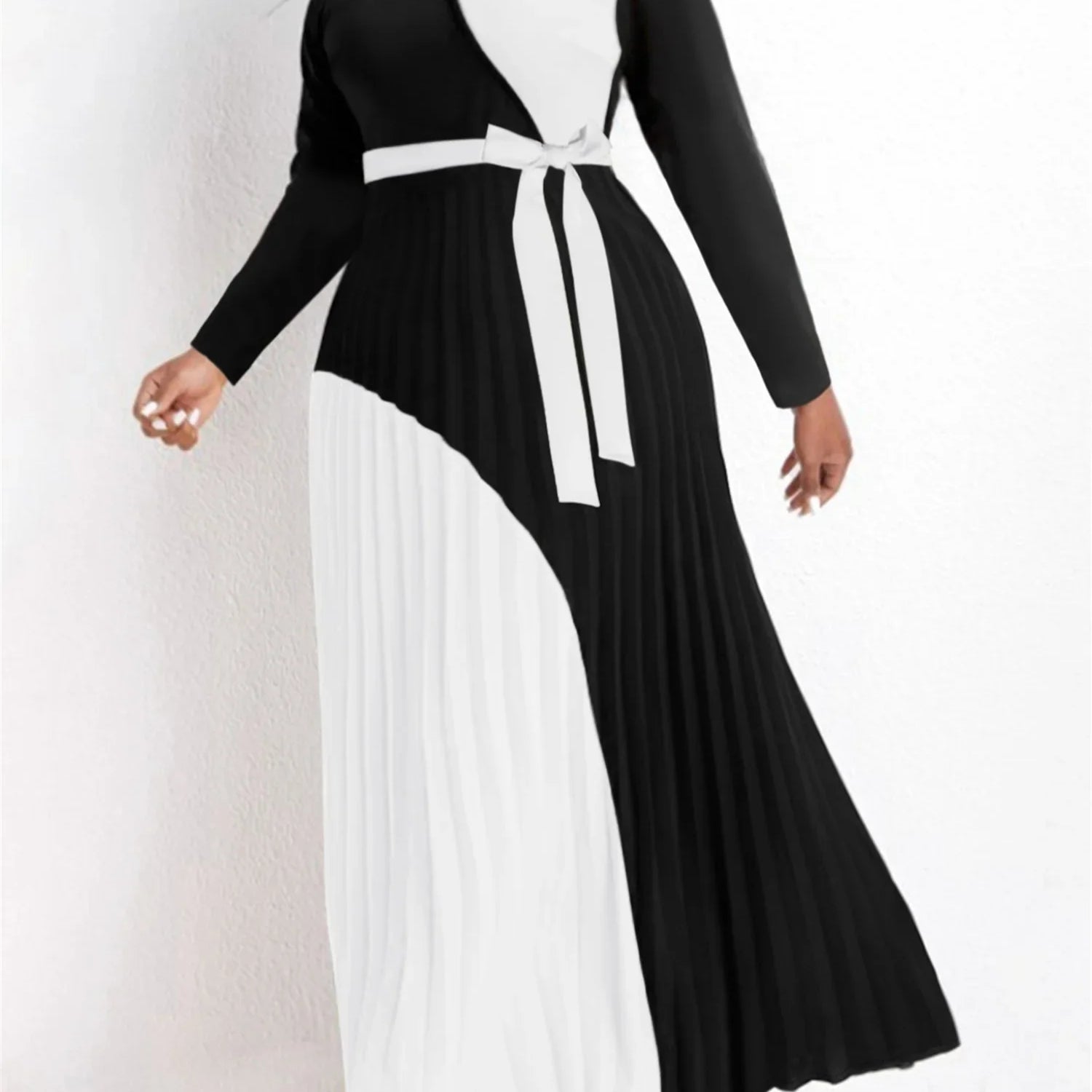 Elegant Fall Maxi Dresses Bandage Design Tiered Pleated A Line Dress Belted Long Sleeve V Neck Flowy Patchwork Vestidos WHITE