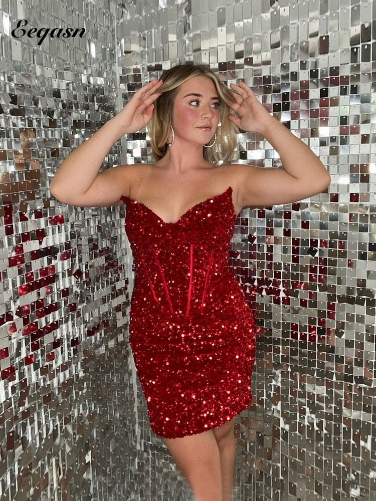 Sparkling Sequins Bodice Mini Cocktail Dresses Red V Neck Special Banquet Party Gowns Short Prom Homecoming Dress Hoco As picture