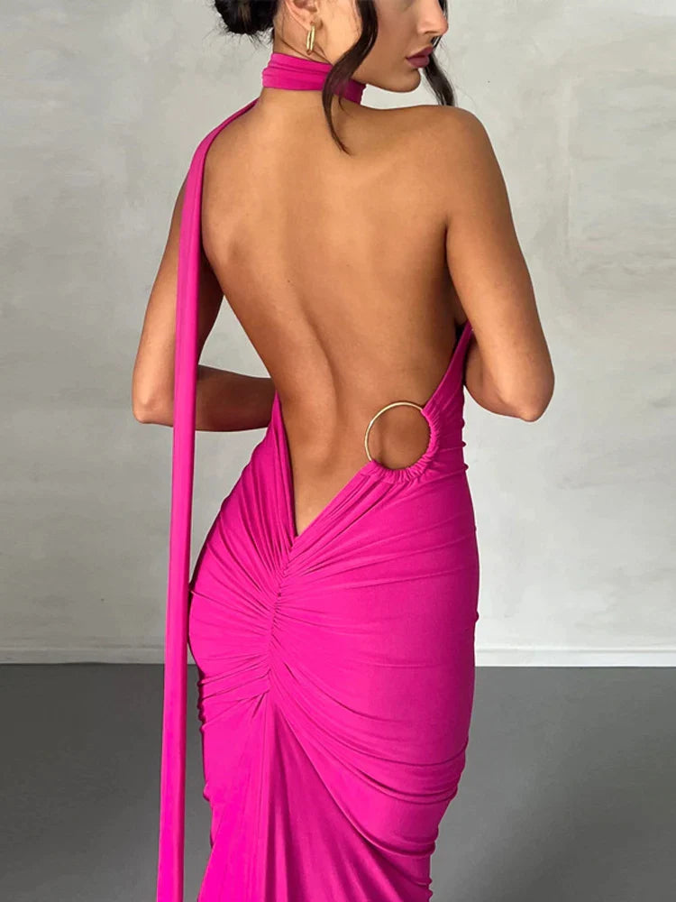 Ladies Night Club Wear Neon Y2K Summer Outfits Women Sleeveless Backless Halter Ruched Bodycon Evening Maxi Dress Birthday Party Rose Red