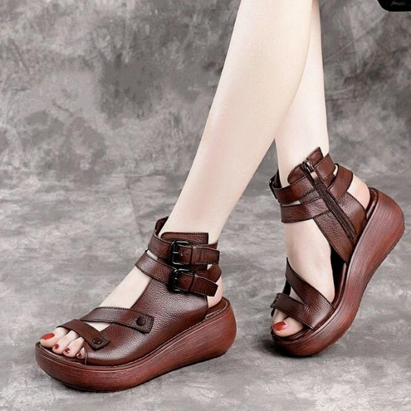 Women Summer Sandals Mid Heels Wedges Scarpe Signore Vintage Leather Plus Size 40 Sandalias Mujer Sapone Feminino Fashion Footwear