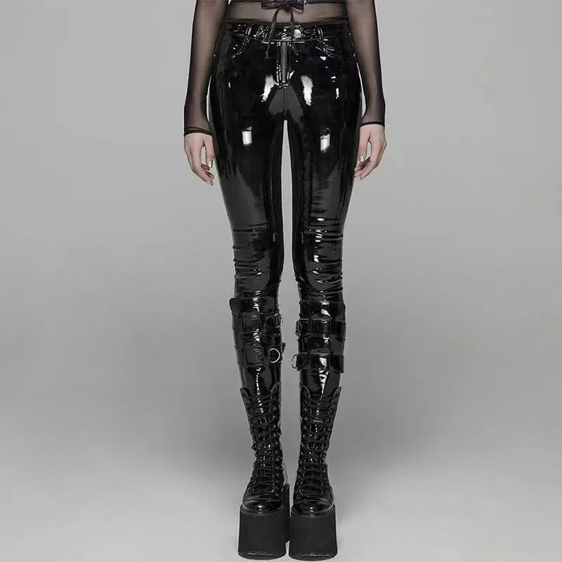 Shiny Patent Leather Pencil Pants Women High Waist PU Leather Bodycon Trousers Ladies Casual Zip Slim Pants Clubwear New Custom Red