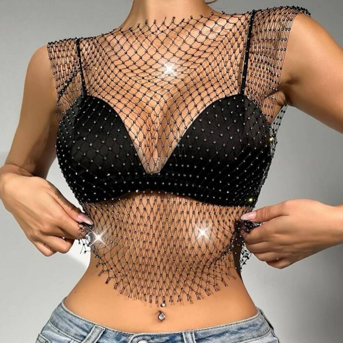 Women's Fishnet Rhinestone Crop Top 2024 Summer Sexy Mesh High Elastic Black White Shirt Net See Through Rave Diamond Tank Top