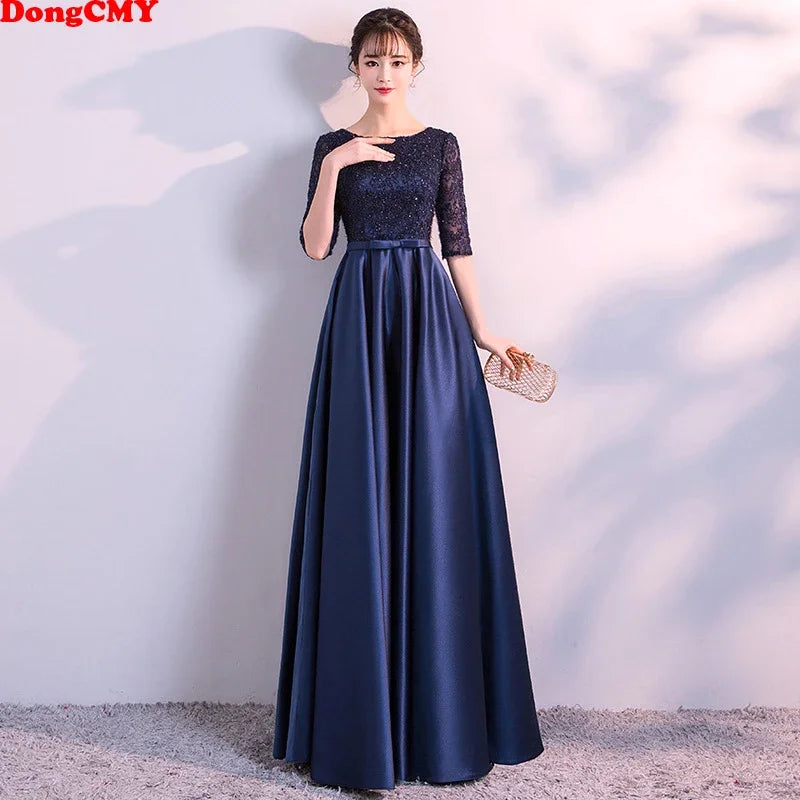 LONG FORMAL EVENING DRESSES ELEGANT LACE SATIN NAVY BLUE VESTIDOS WOMEN PARTY GOWN Navy Blue Floor Length
