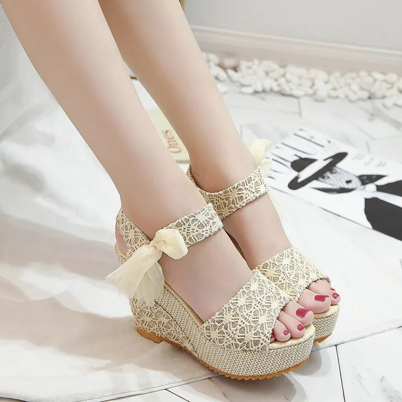 Women sandals Lace Leisure Women Wedges Heeled Women sandals Summer Sandals Party Platform High Heels Shoes Woman Gold