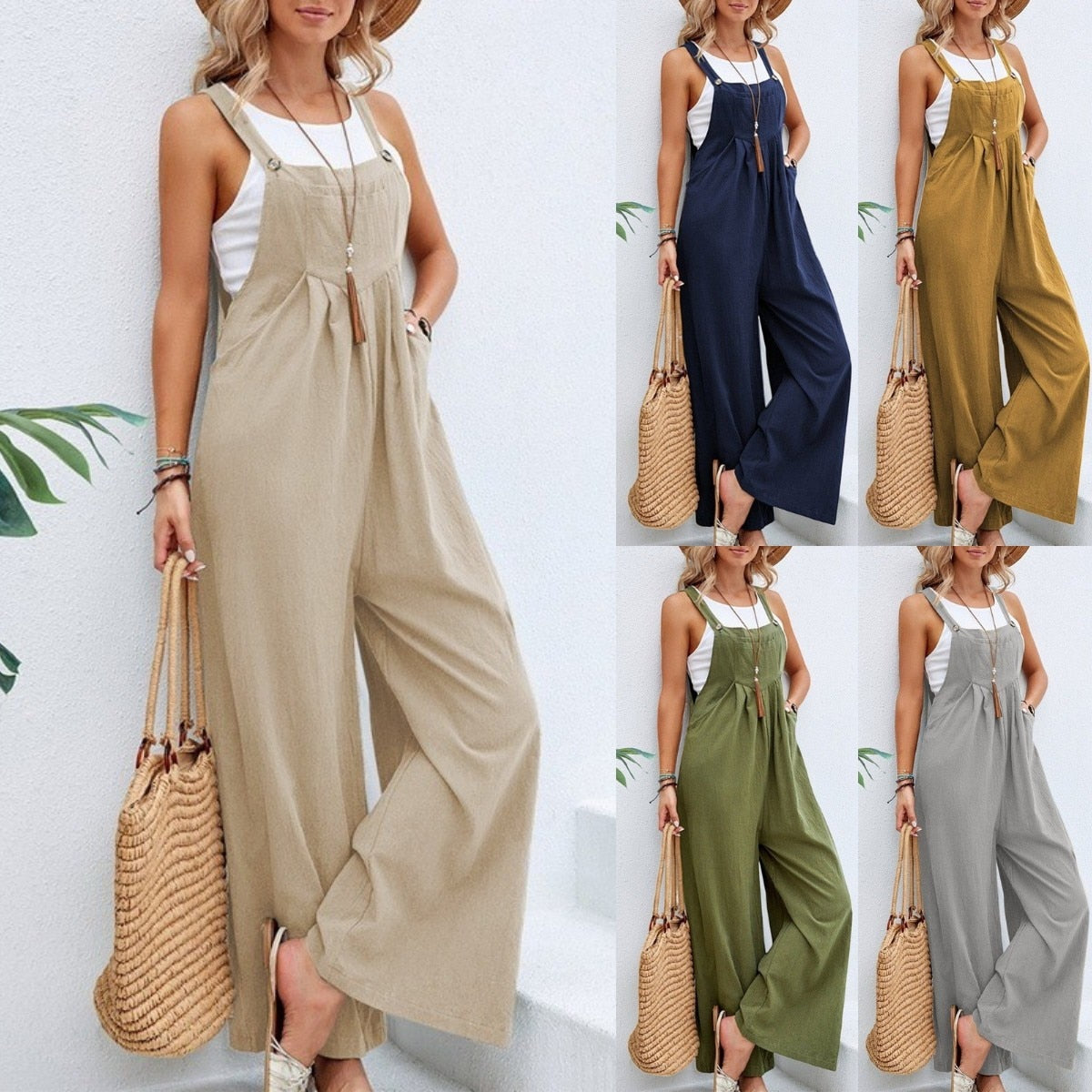 Vintage Cotton Linen Jumpsuit Women 2024 Casual Solid Button Wide Leg Suspender Pants with Pockets Summer Loose Overalls Rompers