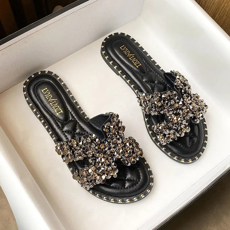 Classic Luxury Rhinestone Slippers for Women Wearing Fashion Summer Designer Sandals