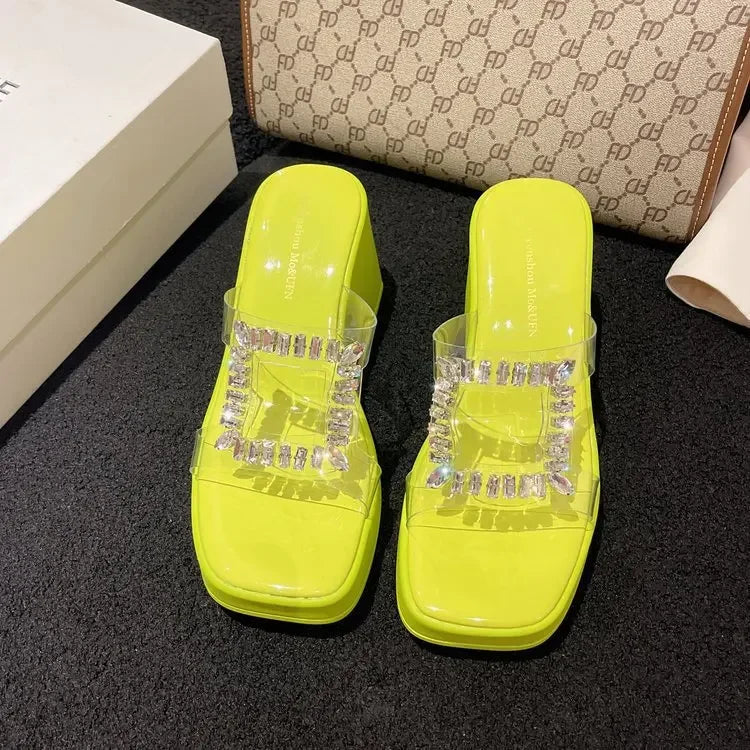Women Platform Wedges Sandals High Heels Shoes Summer Flip Flops Beach Sandals Femme Designer New Dress Crystal Slides Green