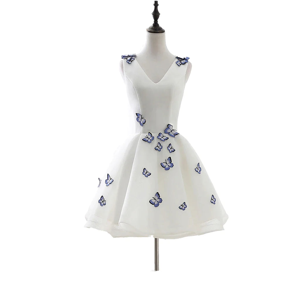 Short Prom Dresses Graduation V-Neck White Blue Flowers Real Photos Party Formal Gown YOUXI MULTI 6