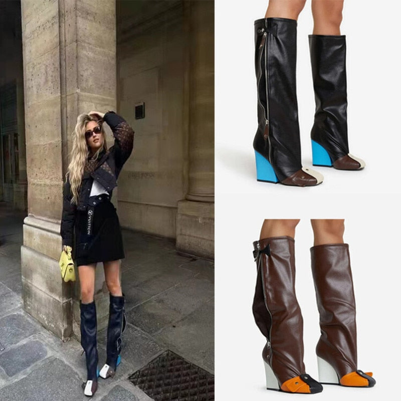 Punk Fan Motorcycle Boots Wome's Zipper Thick Sole Knee High Boots European and American Trend Nightclub Party