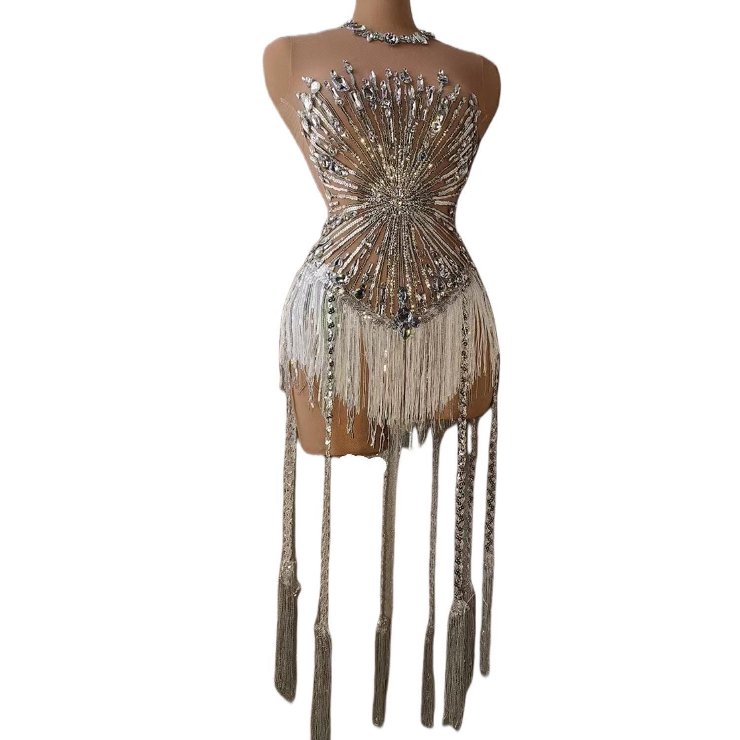 Sexy Rhinestone Crystal Bodysuit Women Big Stretch Tassel Club Prom Drag Queen Costume DS Stage Singer Dance Fringe Leotard Silver