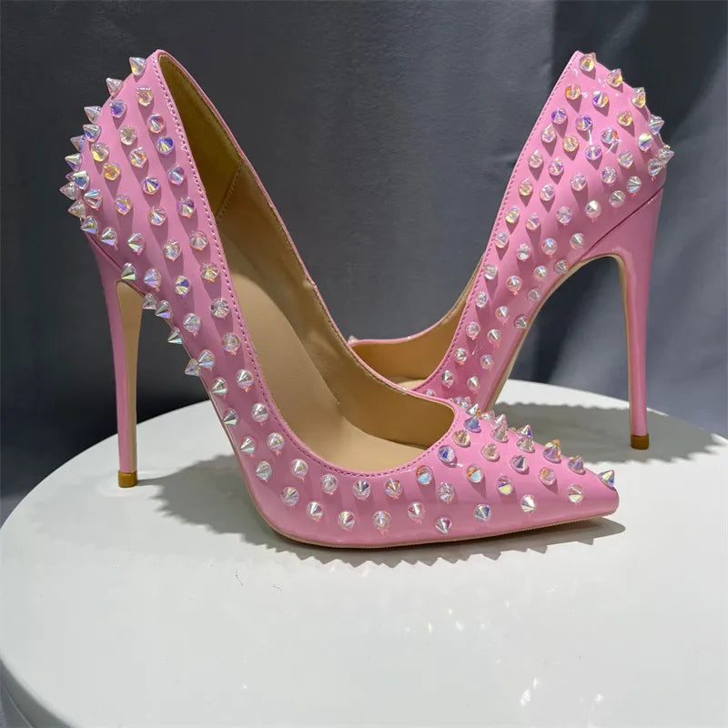 Shiny Spikes Women Patent Pink Pointy Toe Sexy High Heel Party Shoes Rivets Studs Ladies Slip On Stiletto Pumps 8-12cm