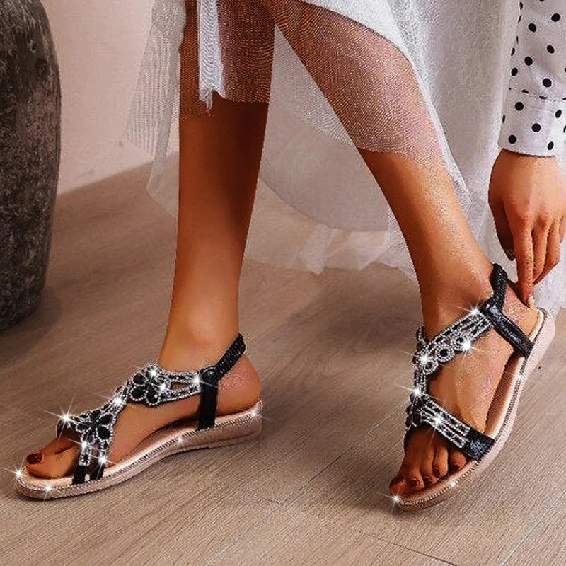 Woman Sandals Rhinestone Open Toe Fashion Female Shoes Solid Color Summer Open Toe Beach Sandalias Non-Slip Chaussure Femme black