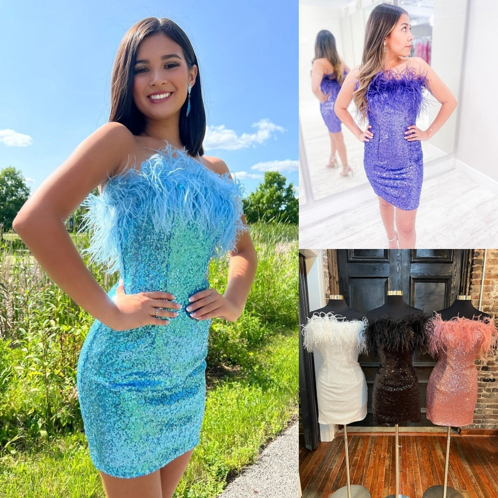 Sequin Mini Hoco Dress 2024 NYE Feather Strapless Short Lady Formal Homecoming Party Gown Club Night Cocktail Prom Gala RoseGold
