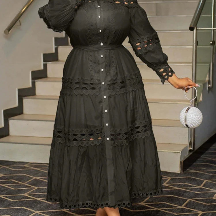 Elegant Women Hollow Out Lace Splice Mock Neck Lantern Long Sleeve Midi Dress with Belt Casual Party Club Outfits Plus Size black