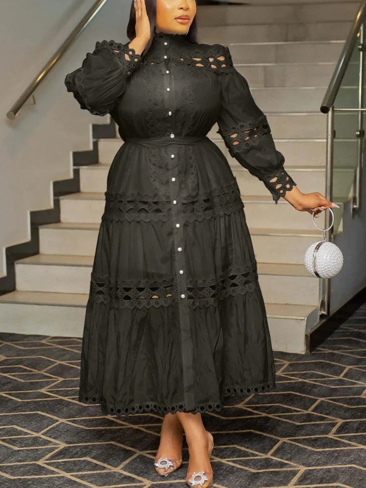 Elegant Women Hollow Out Lace Splice Mock Neck Lantern Long Sleeve Midi Dress with Belt Casual Party Club Outfits Plus Size black