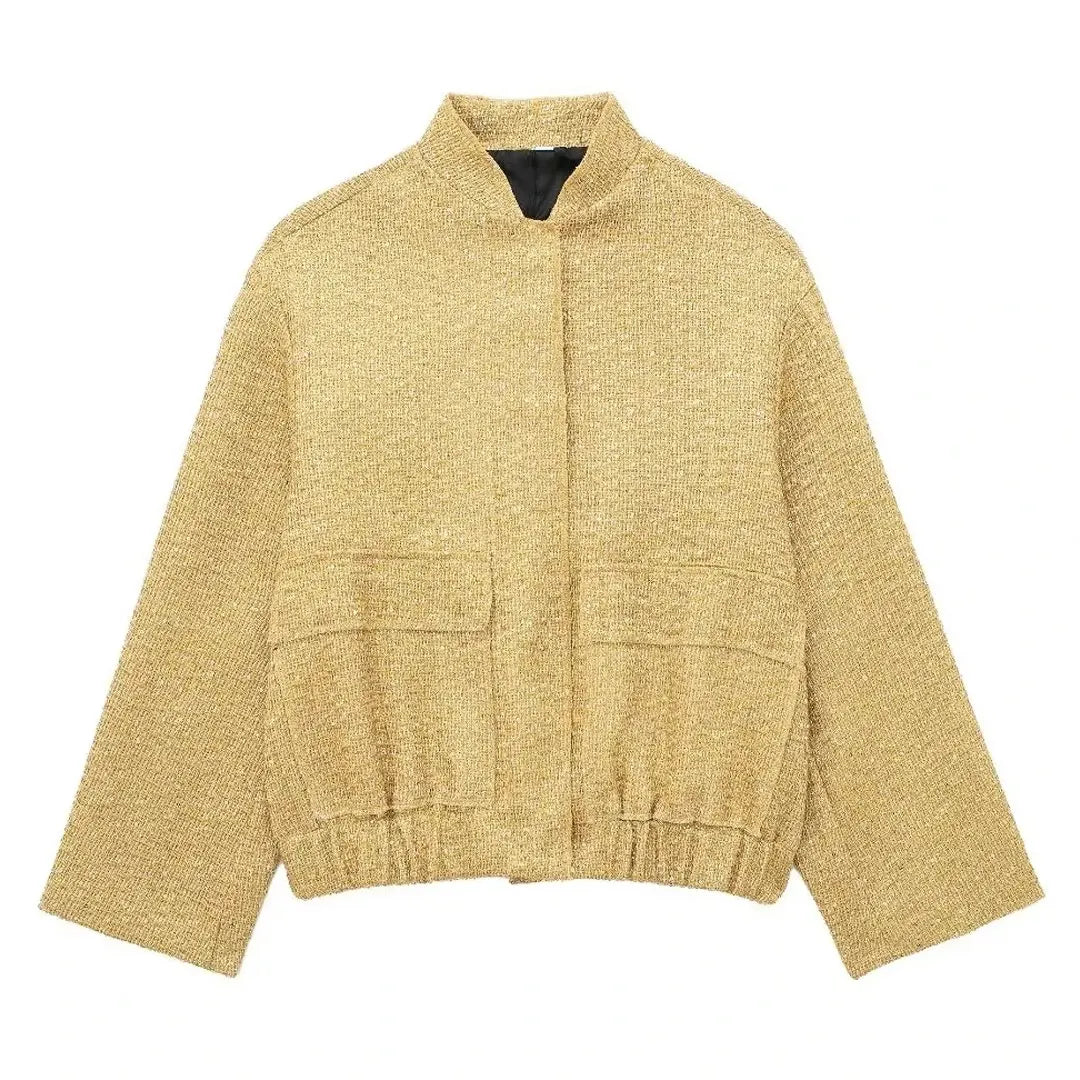 TRAFZA Woman Button Long Sleeve Jacket With Pockets Autumn Chic Outwear Women Sequin Shinny Gold Coat Fashion Streetwear Elegant Gold(No Sequins)