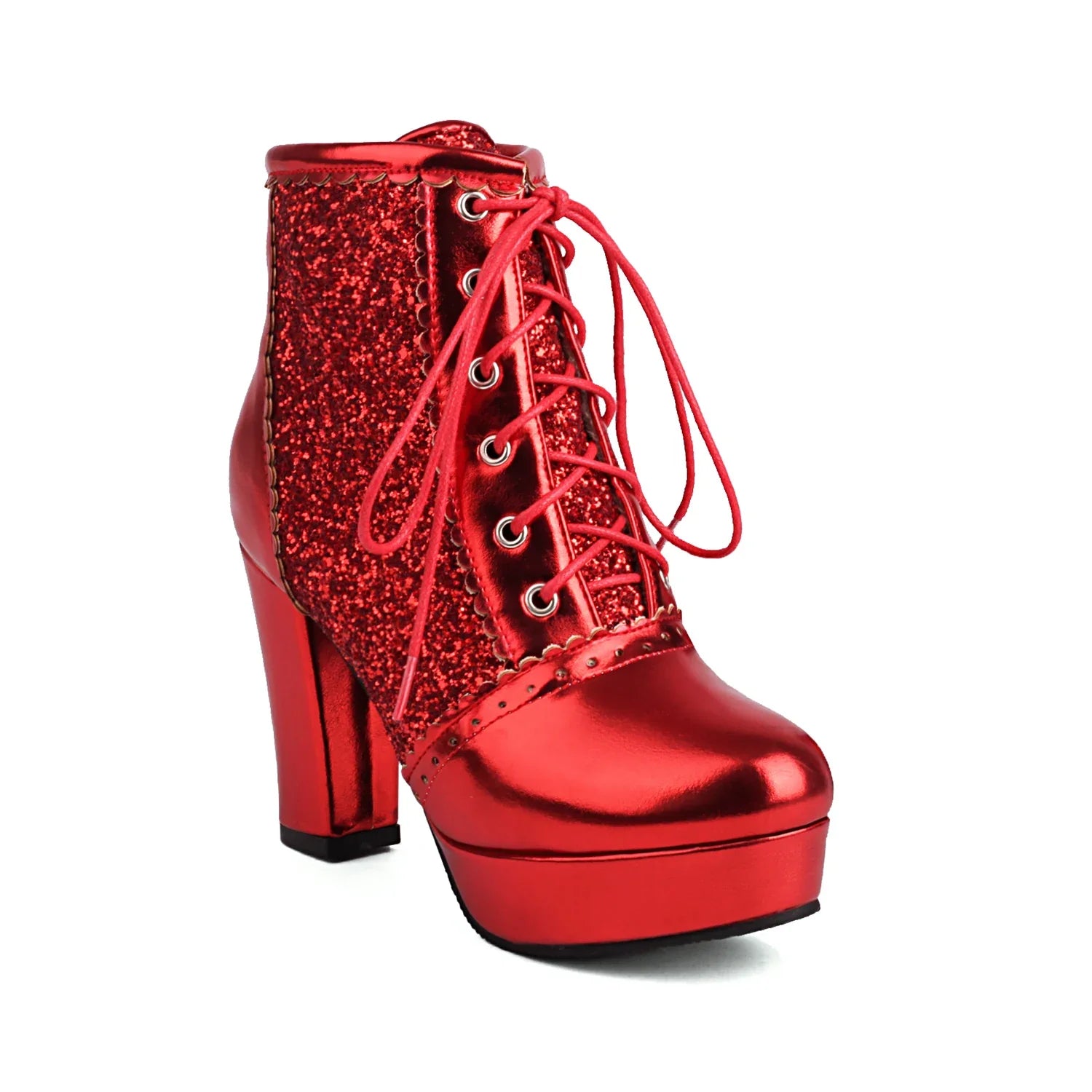 Women Ankle Boots Gold Silver Red Platform Shoes Elegant Studded Sequin Lace Up Autumn Winter Comfy Stable Chunky High Heels Red
