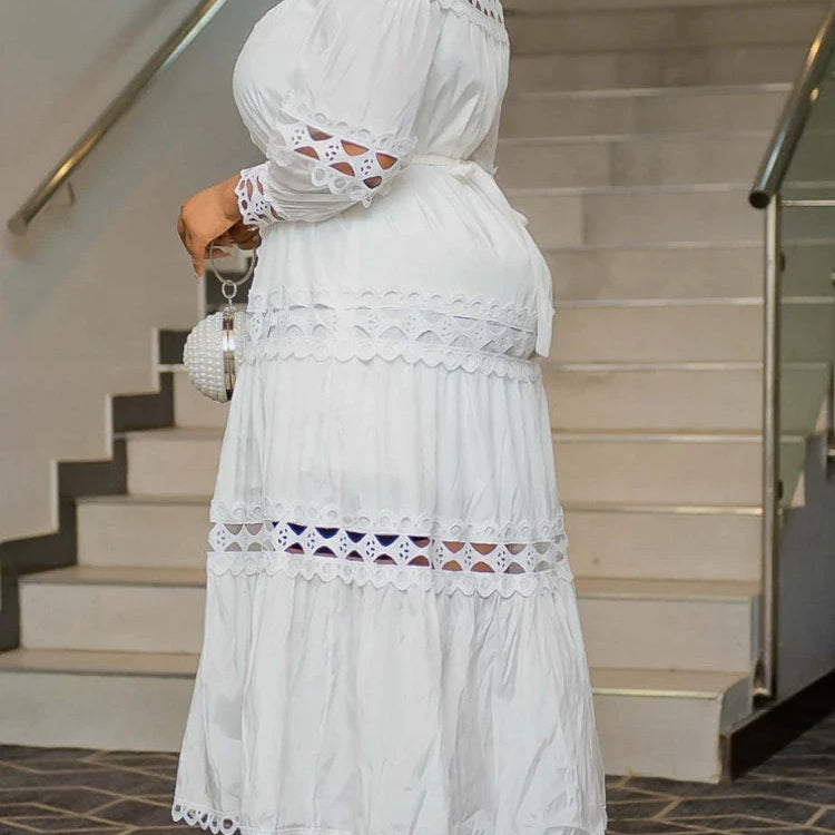 Elegant Women Hollow Out Lace Splice Mock Neck Lantern Long Sleeve Midi Dress with Belt Casual Party Club Outfits Plus Size