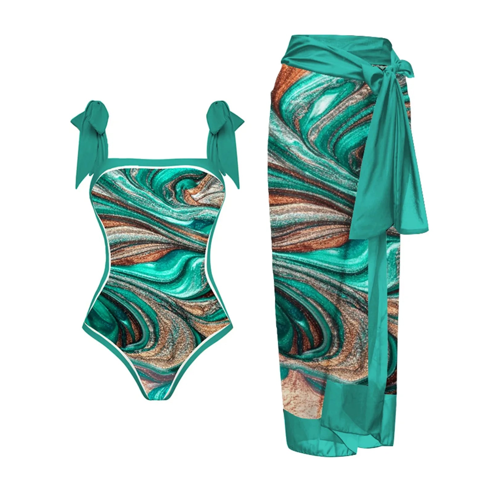 Women Vintage Colorblock Abstract Floral Print 1 Piece Swimwear+1 Piece Cover UP Two Micro Bikinis Summer Outing Green
