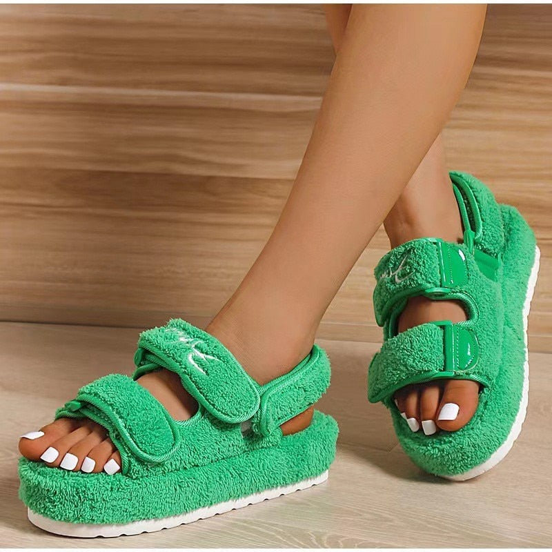 Plush Sandals for Women - New Fashion Platform Shoes Retro Flat Fluffy Furry Casual Shoes Female Light Round Toe Sandalias Green