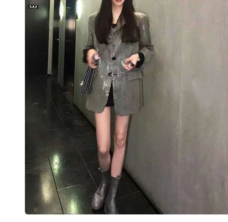 Spring Luxury diamond Suit Blazers Women medium long fashion suit skirt bow long sleeve suit Blazers Cool silver suit 20 colors 9673 silver