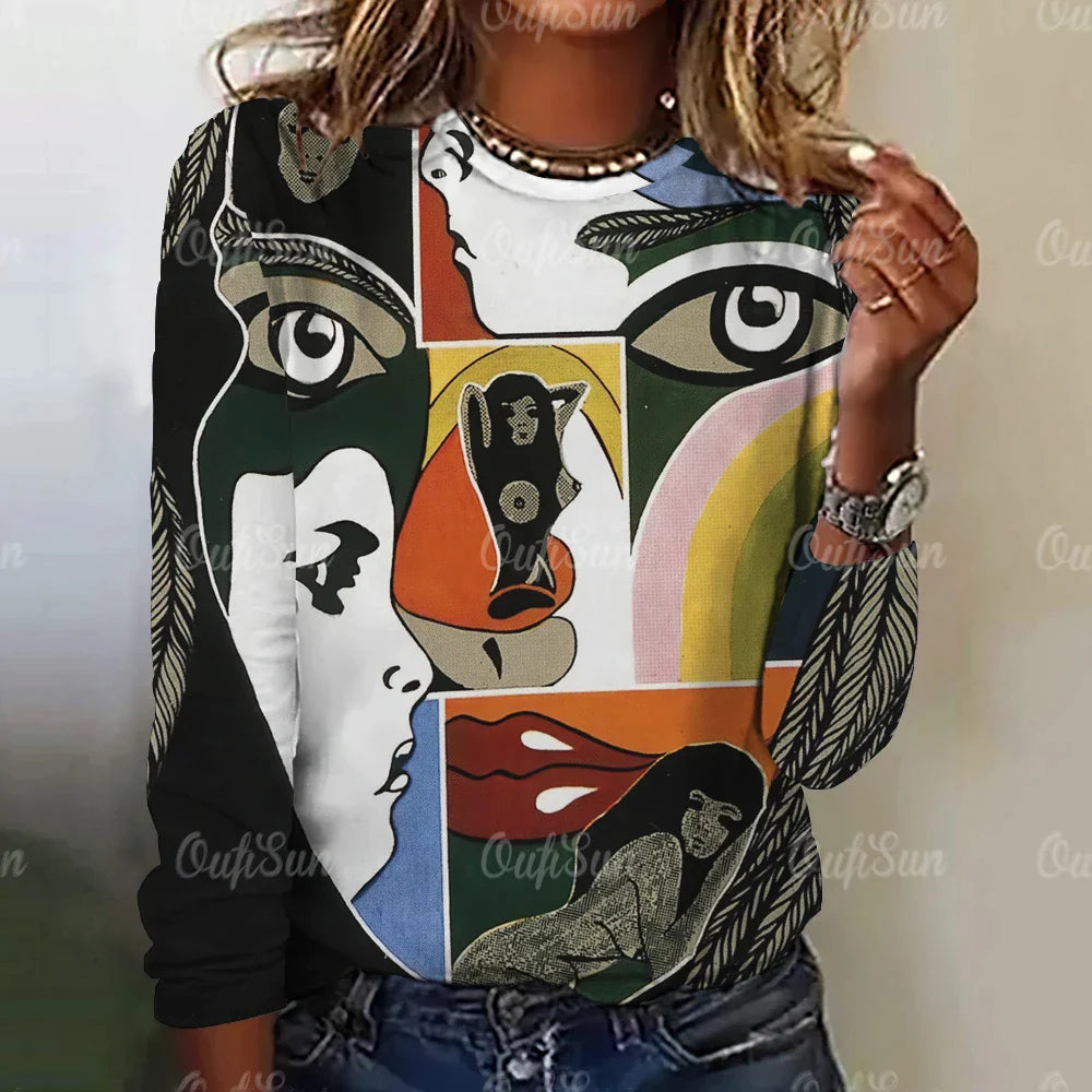 Autumn Funny Face Painting Women's Long Sleeve Top T-Shirts Girls Harajuku Colorful Gothic Tee Oversized Female Fashion Clothing