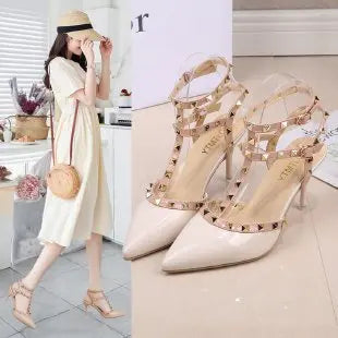 Summer High-heeled Women's Sandals Fashion Brand Design Pointed Rivet Red Casual Shoes Large Size 41-43 Apricot