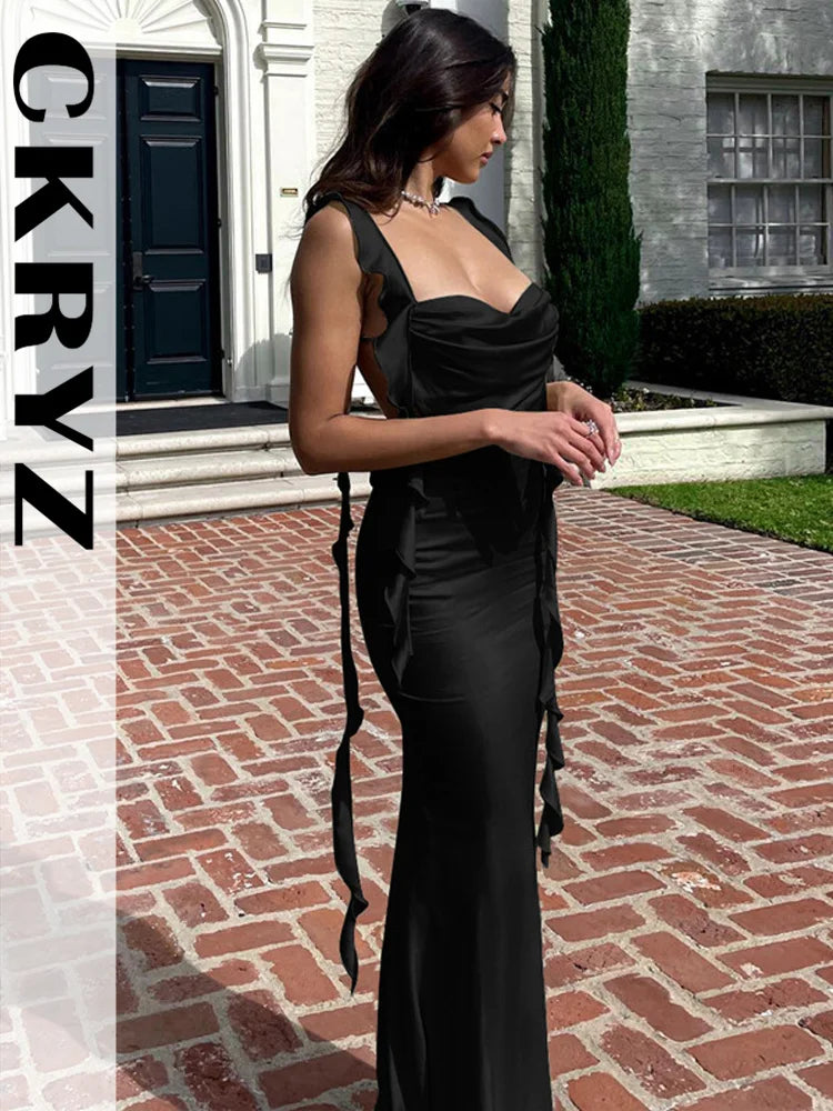 Ladies Summer Ruffle Y2K Clothes Sleeveless Backless Bandage Bodycon Maxi Dresses For Women Fashion Birthday Party Club Wear