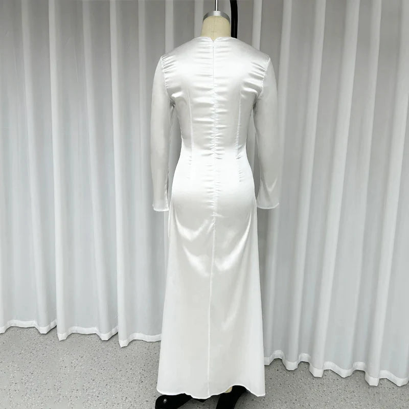 Women Maxi Dress Autumn Elegant Solid Round Neck Loose Satin White Party Long Dresses High Streetwear For Female